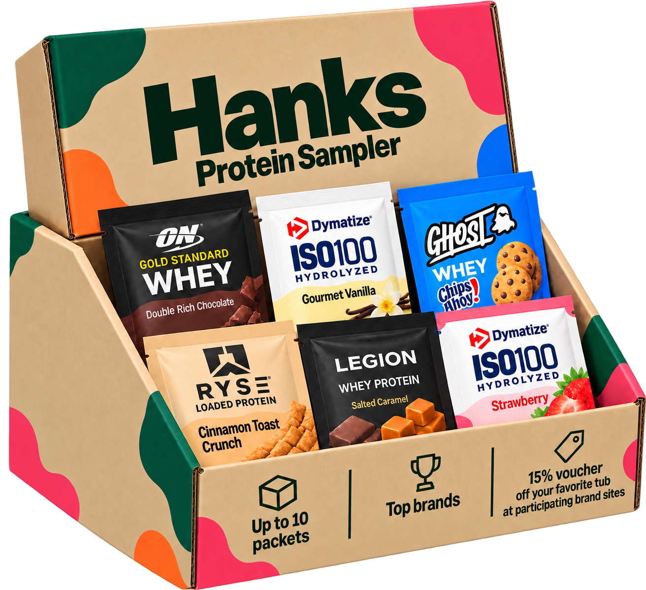 Open Hanks Protein Sampler box filled with protein packets